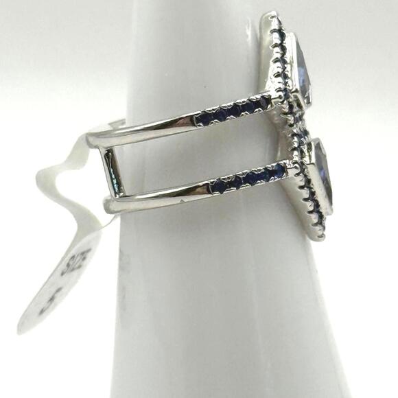 Bomb Party Blue Sapphire & CZ on rhodium Ring - Size 5 - Picture 2 of 2